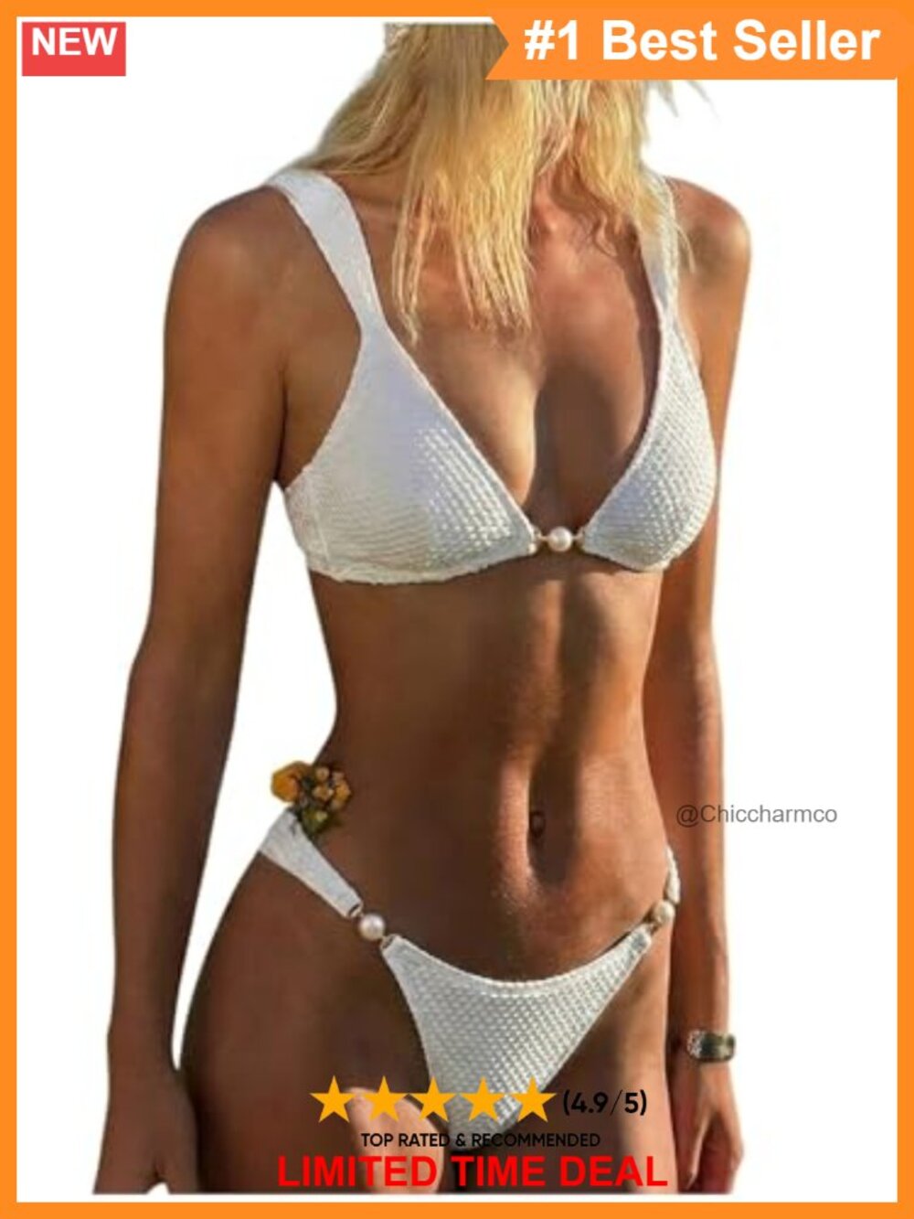 Pearl Bead Triangle Bikini Set Low Rise Textured Swimwear